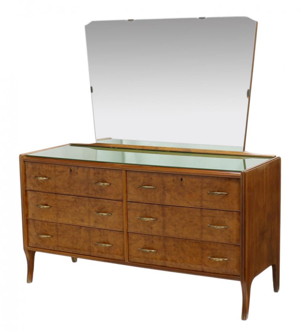 ITALIAN MIRRORED SIX DRAWER COMMODE: Italian mirrored commode, c. 1950, Magazzini Mobili, Genoa, a shaped mirror over the inset glass top, two banks of three drawers, rising on shaped legs, makers tag at back, 64.25"h, 59"l, 21.5"d