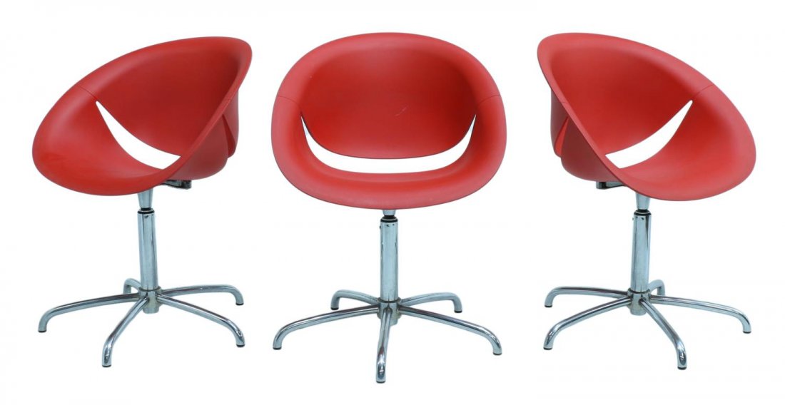 (3) MARCO MARAN ITALIAN "SO HAPPY" SWIVEL CHAIRS: (lot of 3) Italian "So Happy" chairs, design by Marco Maran, red swivel chair, rotating on a chromed steel base, approx 32.5"h, 23.5"w, 23.75"d