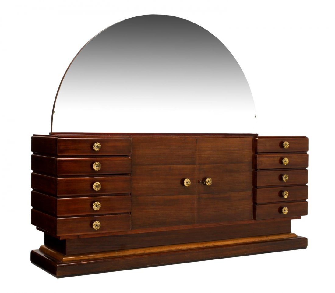 ITALIAN MODERN MIRRORED SIDEBOARD: Italian Art Deco sideboard by Casa Moderna, Genoa,an arched mirror over the rectangular top, two doors flanked at each side by two drawers and a door appearing as drawers, rising on a short contrastin