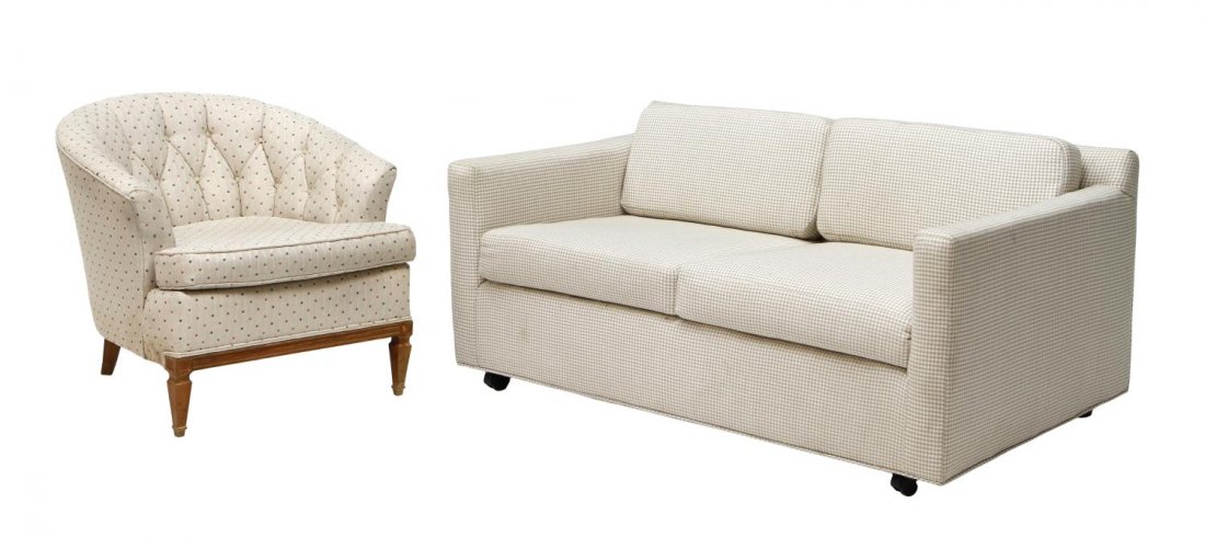 (2) CONTEMPORARY UPHOLSTERED LOVESEAT & CHAIR: (lot of 2) Contemporary upholstered seating, comprising: (1) beige hounds tooth pattern loveseat, approx 26"h, 59"w, 33"d; (1) colored diamond pattern arm chair, round tufted back rest with removable 
