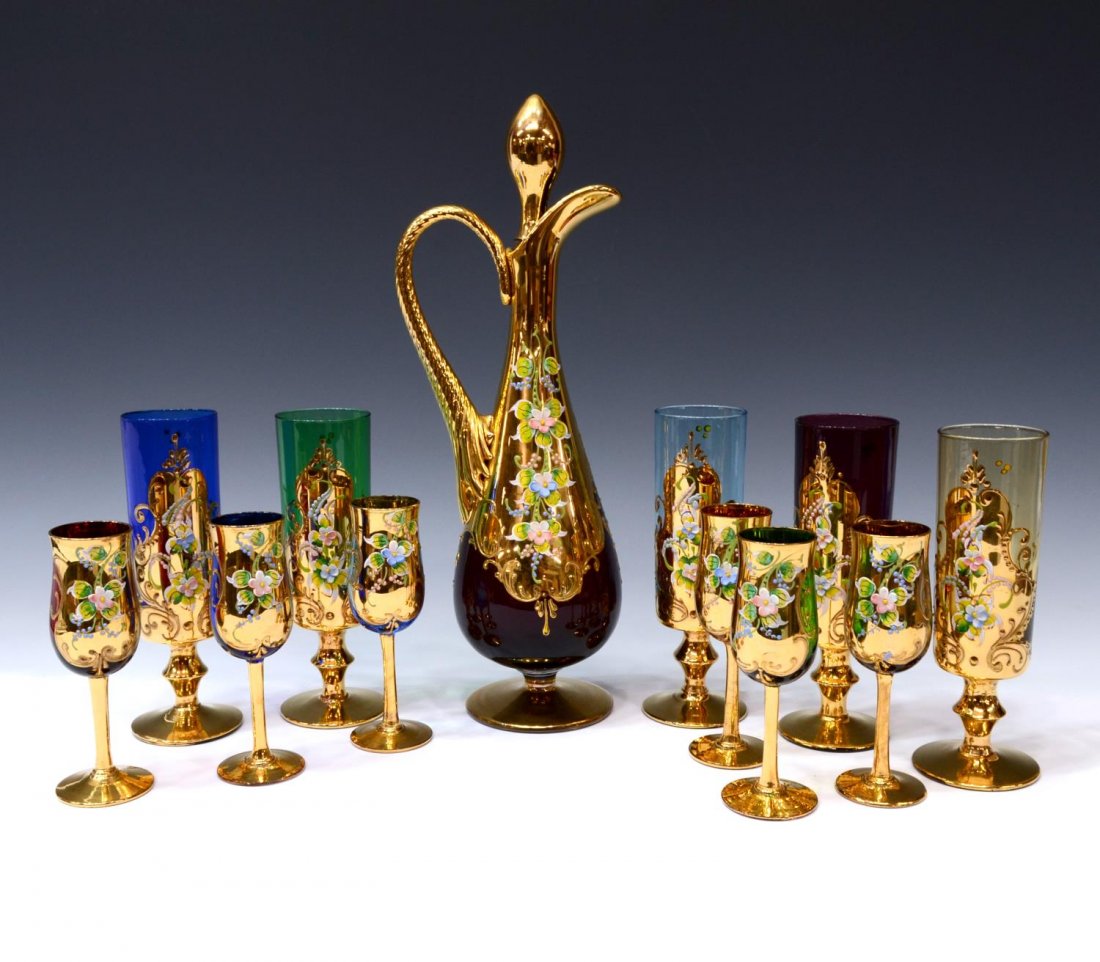 (12) ITALIAN MURANO GILDED COLORED GLASS DRINK SET (1 of 7)