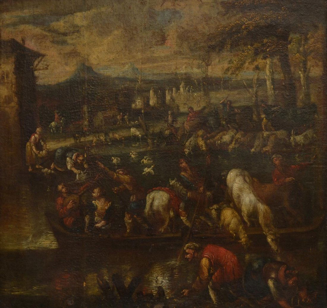 18TH C CONTINENTAL PAINTING, MANY FIGURES IN CANAL (1 of 6)