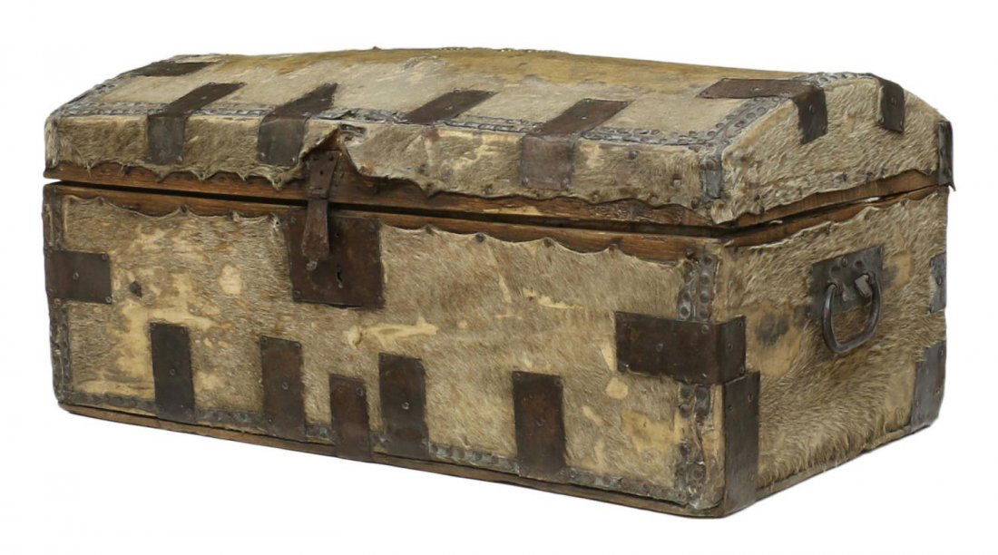 SPANISH COLONIAL HIDE COVERED STORAGE CHEST (1 of 5)