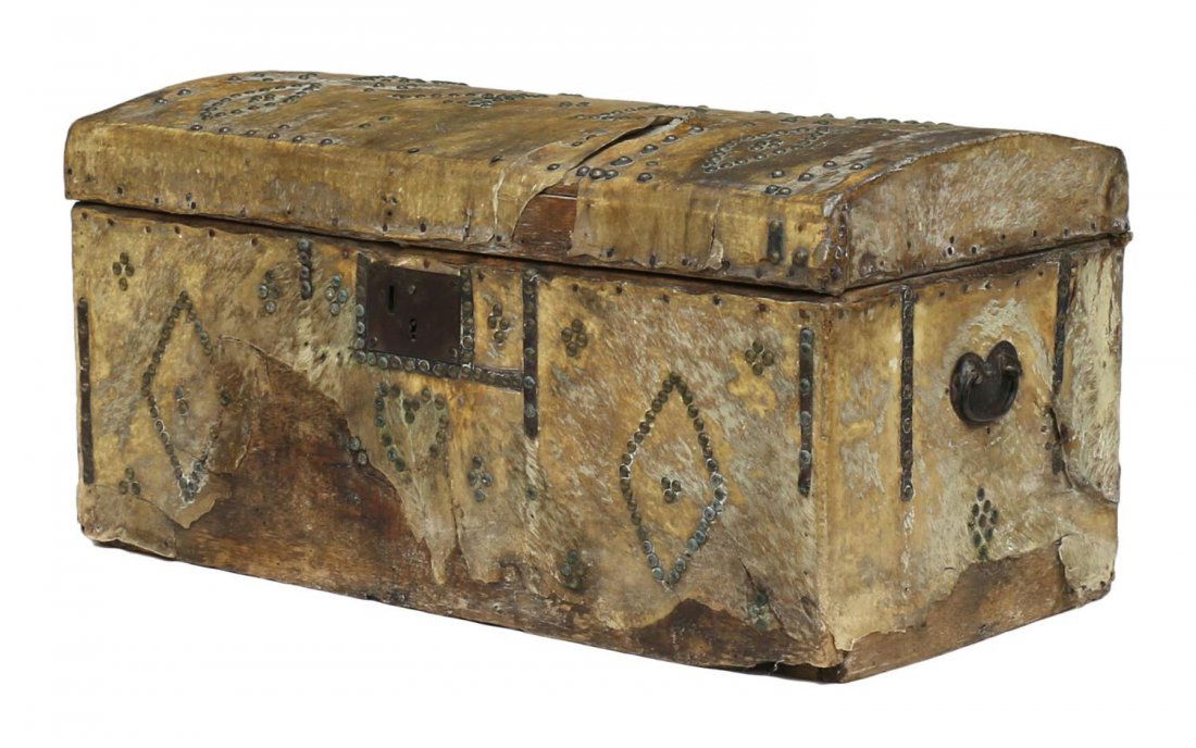 SPANISH COLONIAL HIDE COVERED STORAGE CHEST (1 of 5)