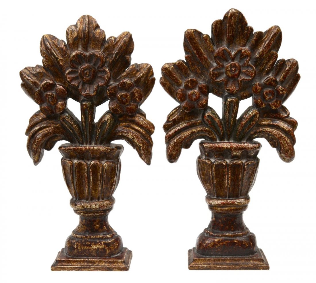 (2) COLONIAL STYLE PARCEL GILT ALTAR DECORATIONS: (lot of 2) Colonial style altar decorations, each parcel gilt and carved as an urn with blooming flowers, 14"h, 7"w, 4lbs *Provenance: The estate of Marcia Bland Brown, internationally acclaimed Inter