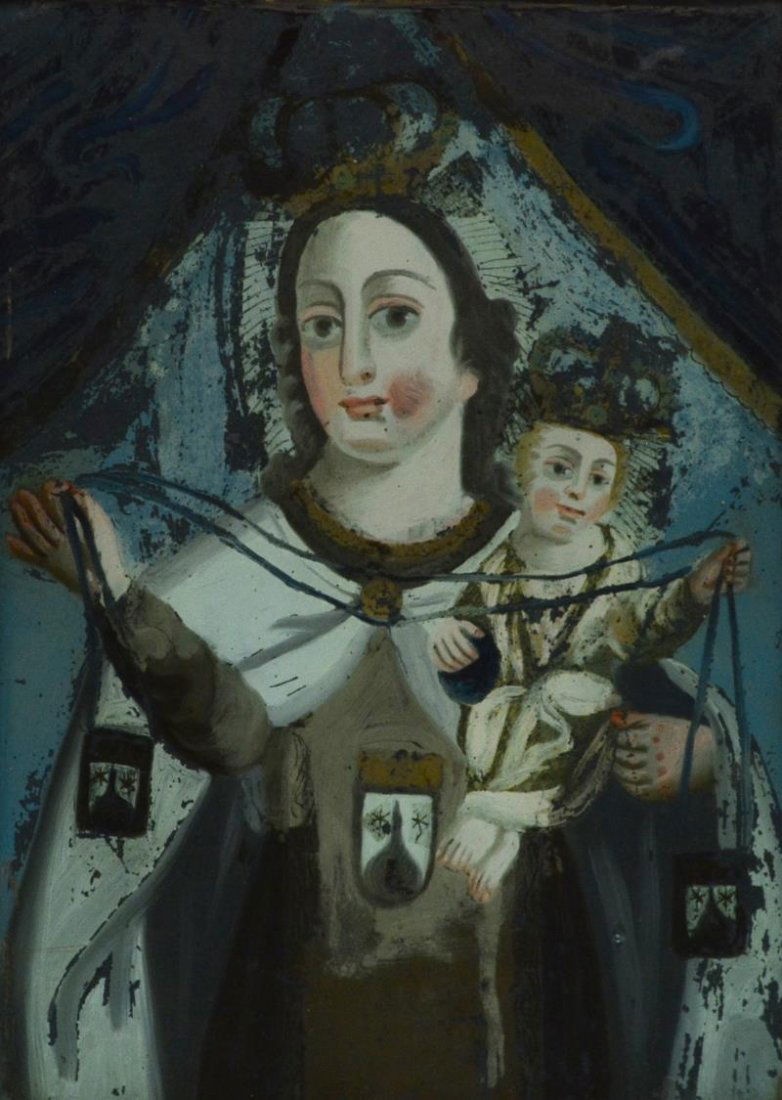 ANTIQUE RELGIOUS COLONIAL REVERSE GLASS PAINTING (1 of 3)