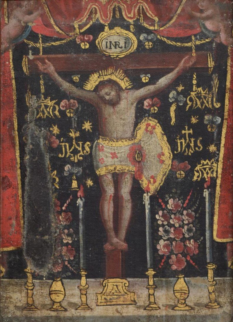 ANTIQUE RELIGIOUS PAINTING CRUCIFIED CHRIST 18TH C (1 of 3)