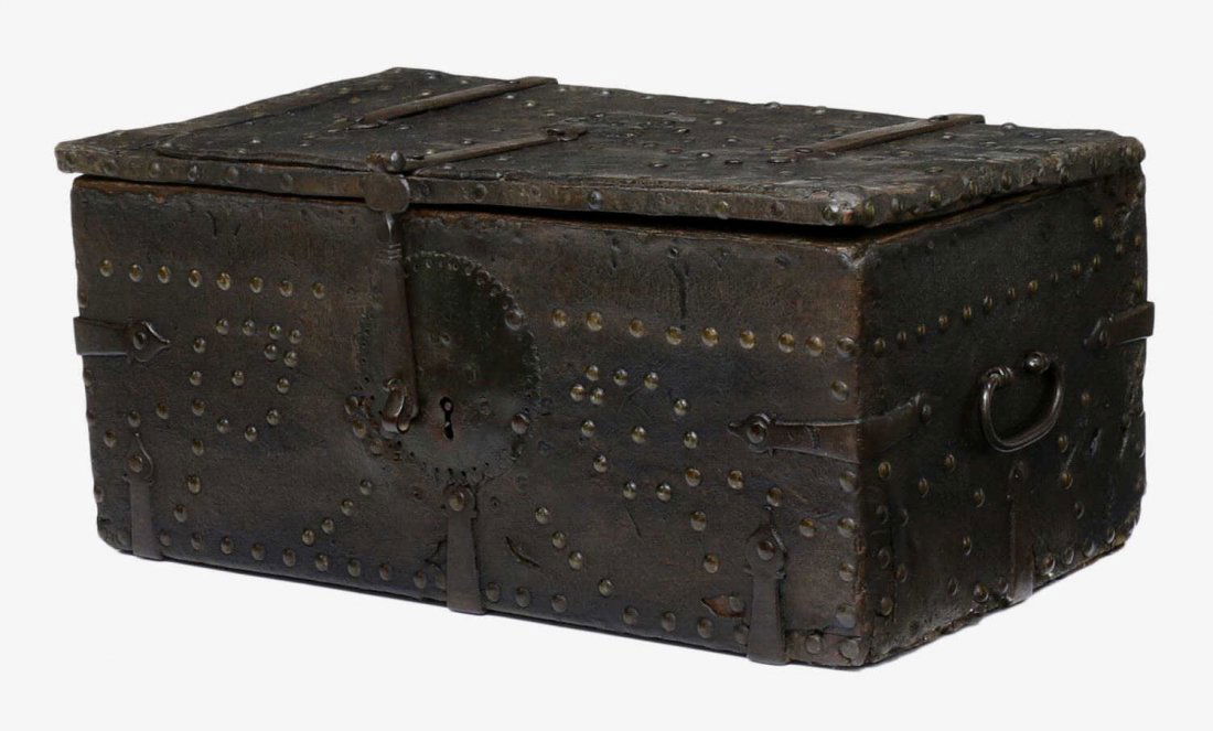 SPANISH COLONIAL LEATHER & IRON STORAGE CHEST (1 of 5)