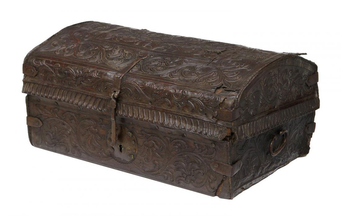 SPANISH COLONIAL LEATHER BOUND STORAGE TRUNK (1 of 4)