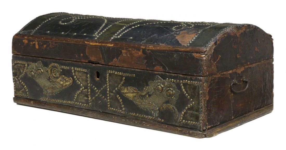 SPANISH COLONIAL DOMED LEATHER STORAGE CHEST (1 of 5)