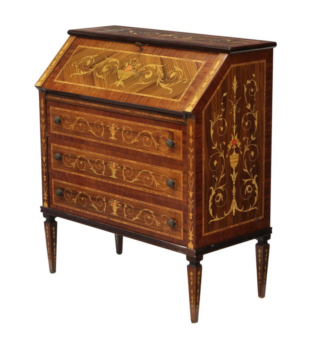 ITALIAN DESIGN FLORAL FOLIATE MARQUETRY SECRETARY (1 of 3)