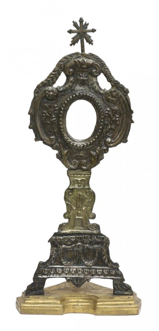 ANTIQUE REPOUSSE SILVER CLAD MONSTRANCE, 19TH C. (1 of 4)