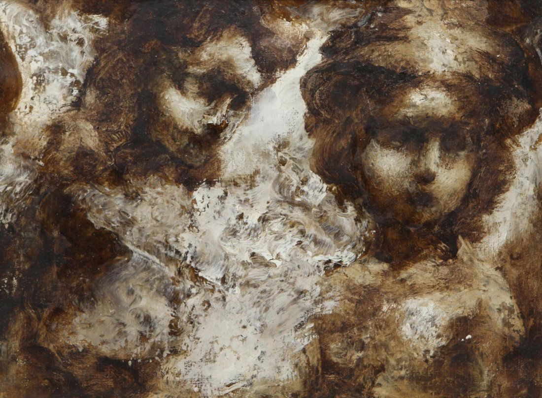 GRIGORY GLUCKMANN (1898-1973) HEADS OF ANGELS: Framed oil painting on canvas board under glass, "Heads of Angels," attributed to Grigory Gluckmann (Russian, 1898-1973), not signed, printed name on verso board, verso dust cover with envelope addres