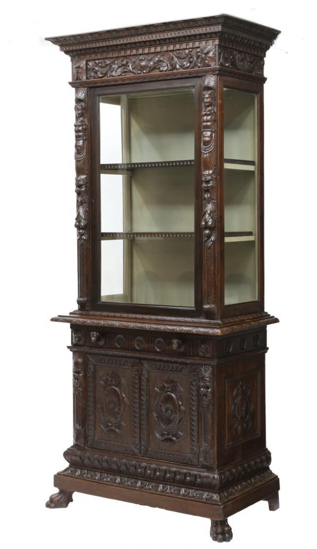 RENAISSANCE REVIVAL WALNUT CARVED DISPLAY CABINET (1 of 4)