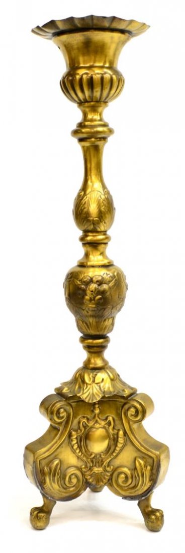 CONTINENTAL GILT METAL TRIPODAL CANDLESTICK LAMP (1 of 5)