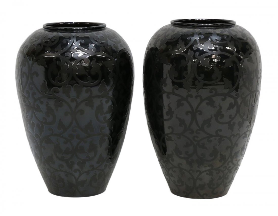 (2) CONTEMPORARY BLACK ON BLACK SCROLL FLOOR VASES (1 of 2)