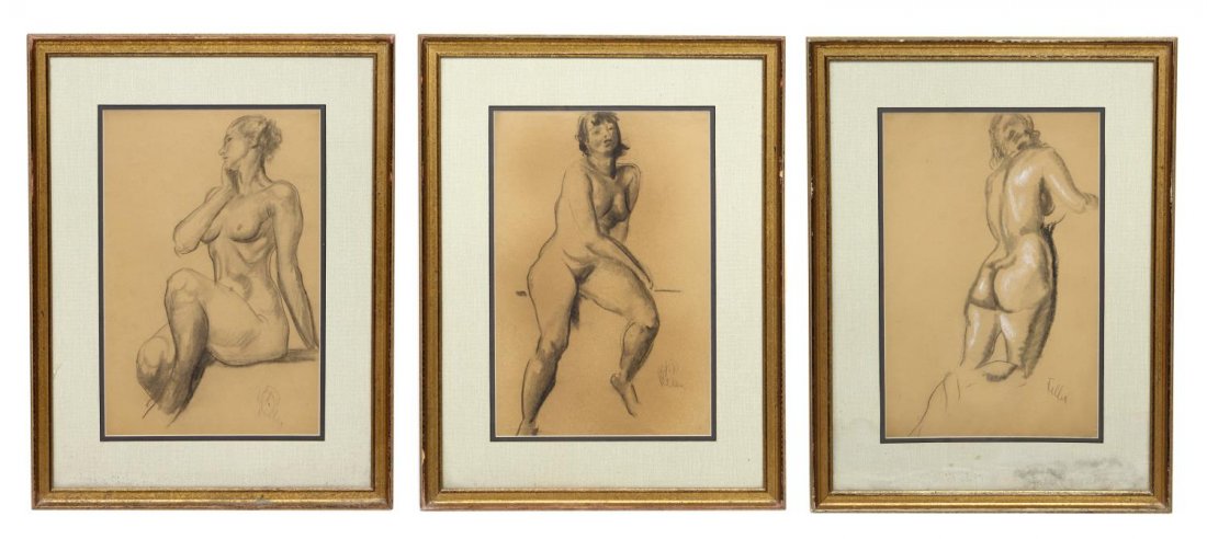 (3) HENRY KELLER (1869-1949), NUDE FEMALE STUDIES: (lot of 3) Framed charcoal drawings on paper under glass, Nude Female Studies, each signed Keller (Henry George Keller, American, 1869-1949), each having some paint loss to frame, minor water damage t