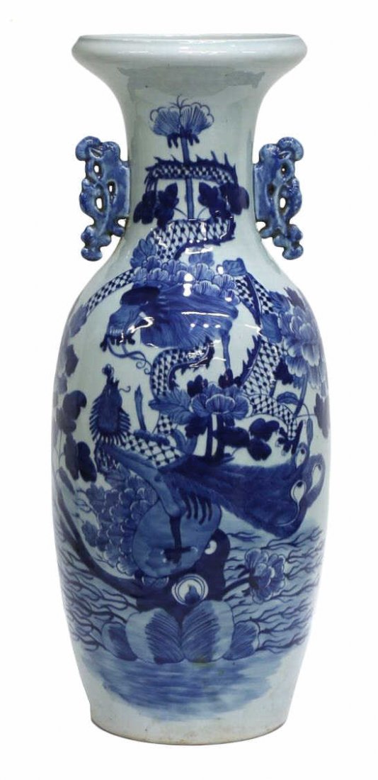 CHINESE UNDERGLAZE BLUE DRAGON PEACOCK VASE (1 of 6)