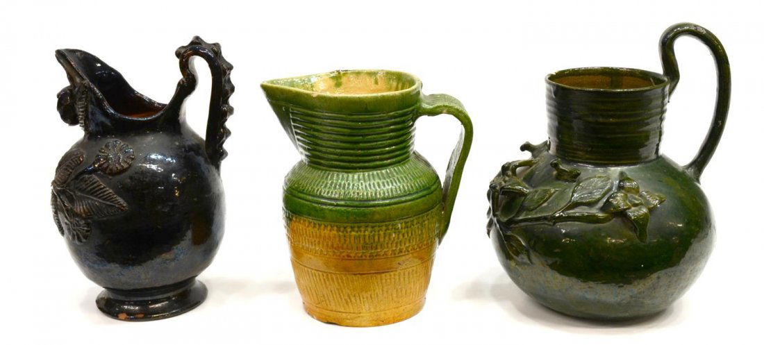 (3) VINTAGE MEXICO GLAZED EARTHENWARE PITCHERS (1 of 8)