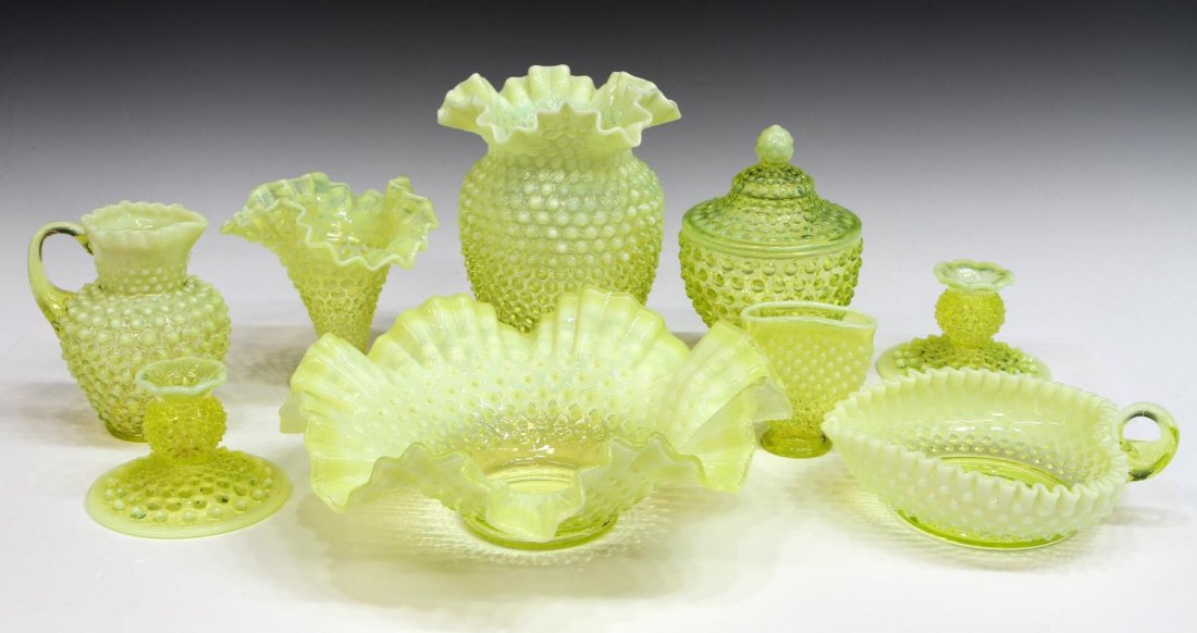 (9) VINTAGE VASELINE OPALESCENT HOBNAIL ART GLASS (1 of 2)