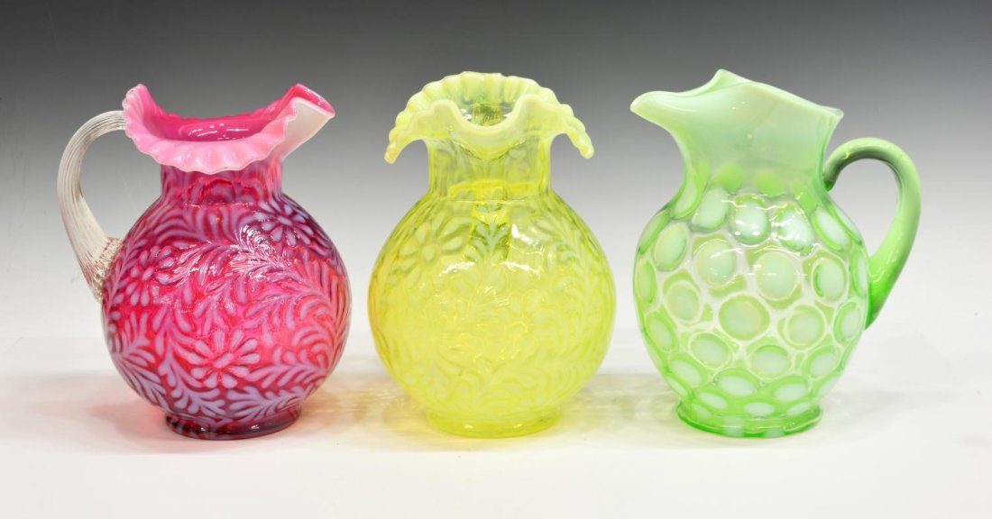 (3) VINTAGE OPALESCENT ART GLASS PITCHERS, FENTON (1 of 5)