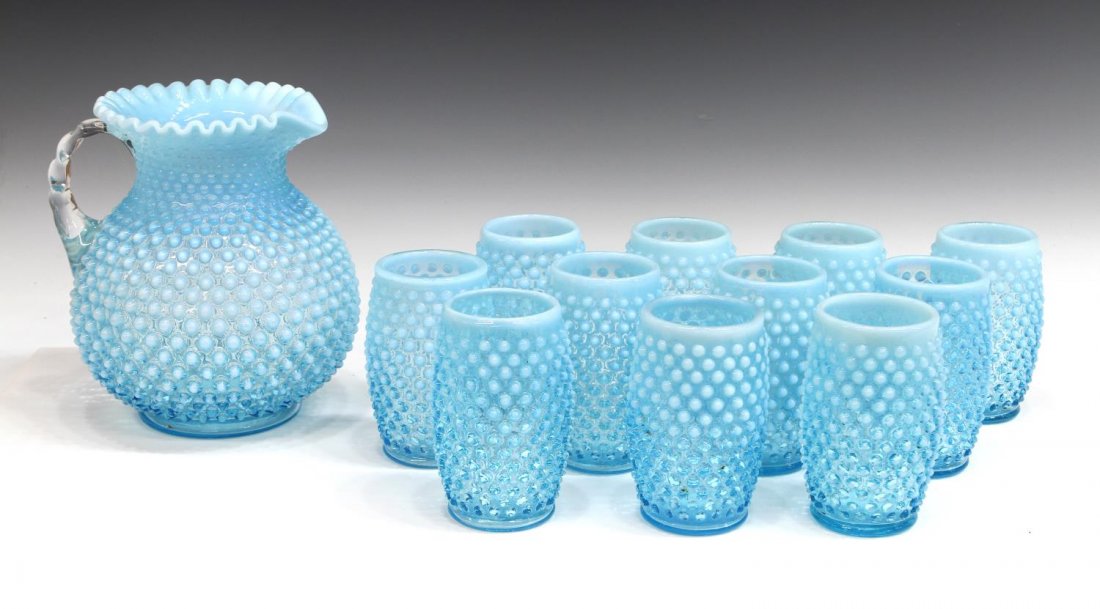 (12) VINTAGE BLUE HOBNAIL OPALESCENT DRINKS SET (1 of 3)