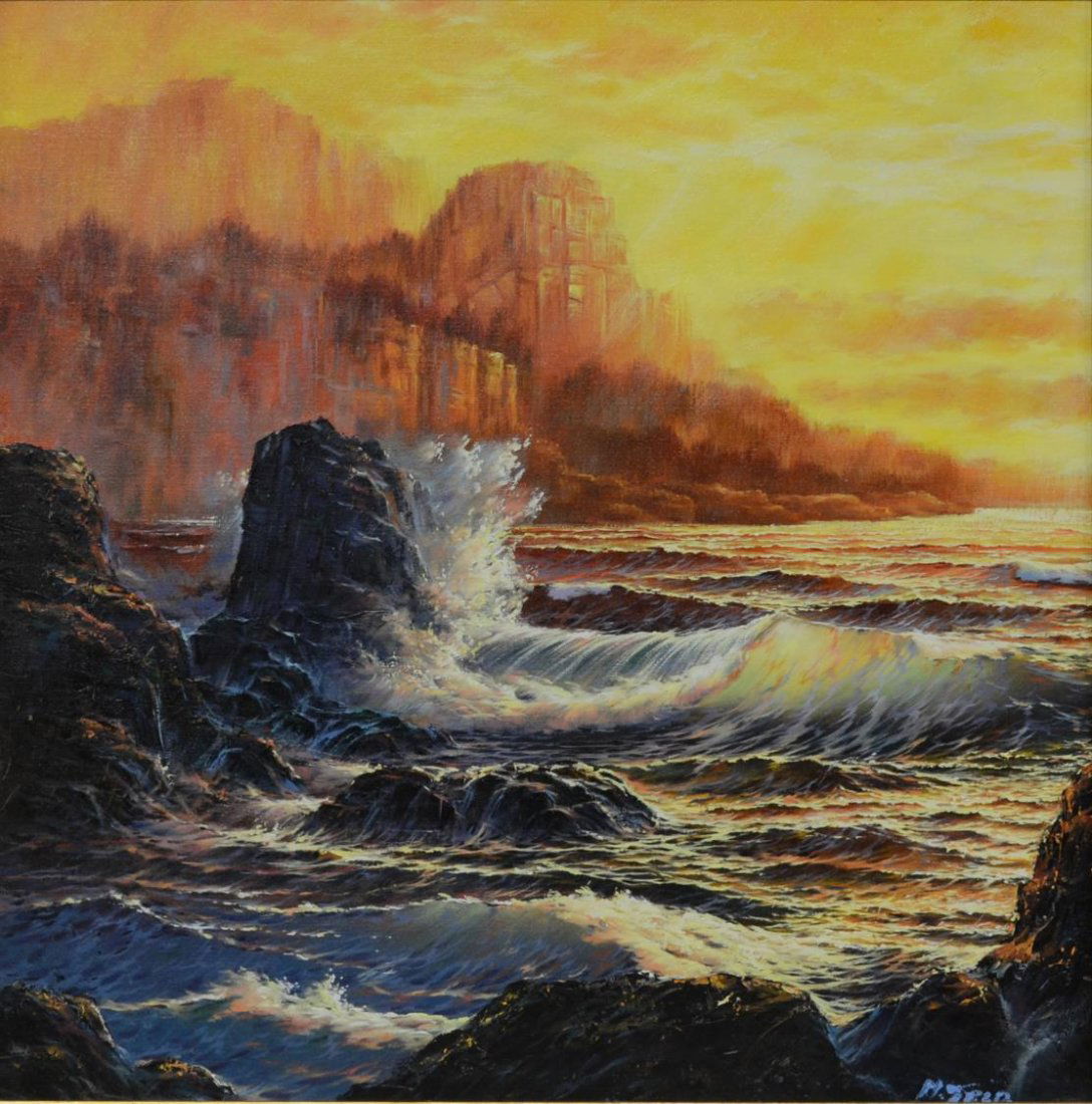 FRAMED PAINTING, CRASHING WAVES AT SUNSET (1 of 3)