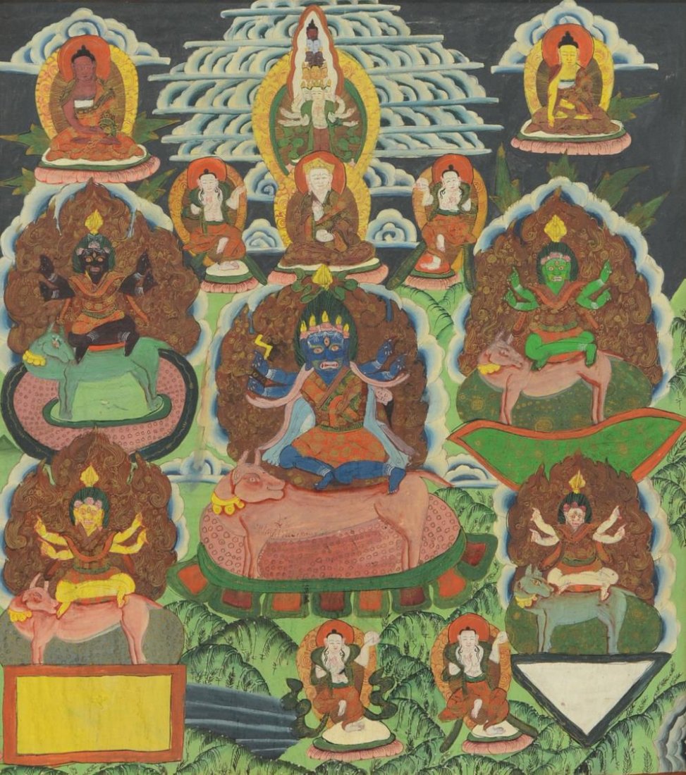 SIGNED TIBETAN PAINTING, BUDDHIST GODS: Framed Tibetan oil painting on board, Buddhist Gods, illegibly signed left center, sight: 19"h, 17"w, overall: 27.5"h, 25.5"w, 3.25lbs Start Price: $80.00