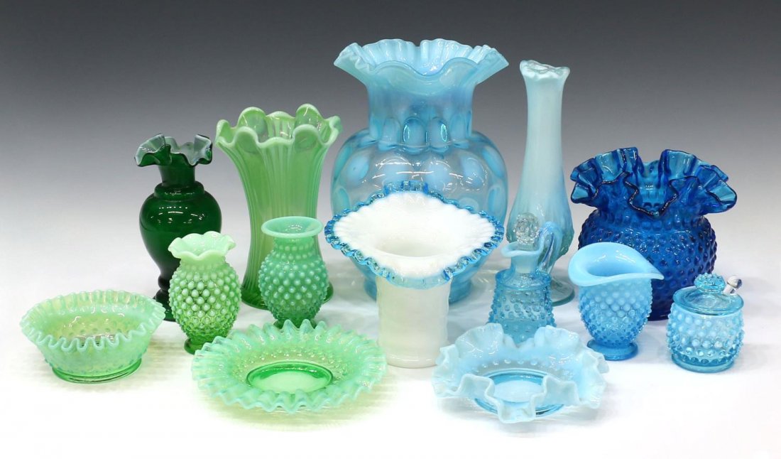 (14) VINTAGE BLUE & GREEN OPALESCENT ART GLASS: (lot of 14) Vintage blue and green opalescent art glass, some likely Fenton, comprising: (4) small green hobnail bowls and vases, largest 4"h; (1) green vase ruffled rim, 7"h; (1) small green vase, 6.
