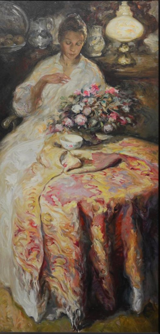 FRAMED PRINT, SEATED LADY WITH FLOWERS (1 of 2)