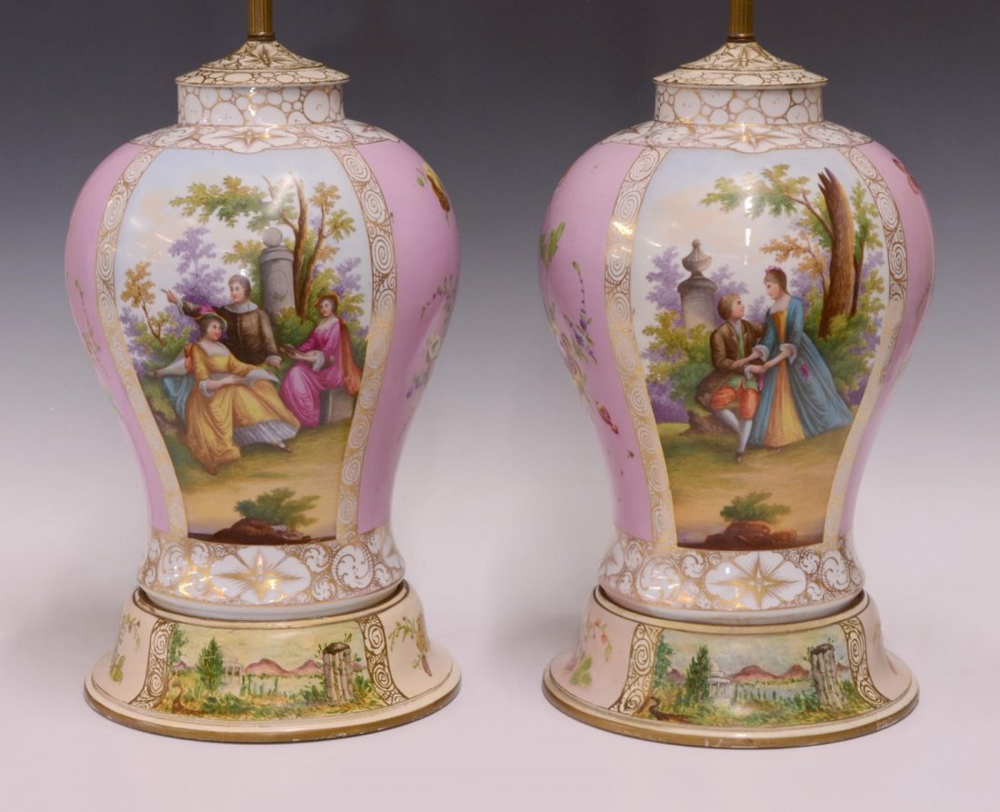 (2) LARGE MEISSEN STYLE PORCELAIN VASES, LAMPS (1 of 2)