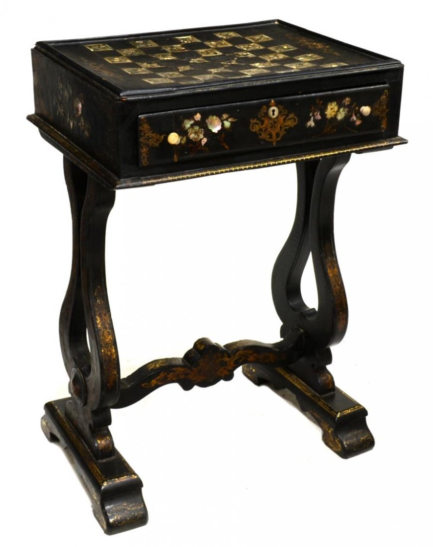 VICTORIAN PAPIER-MACHE MOTHER OF PEARL GAME TABLE (1 of 4)