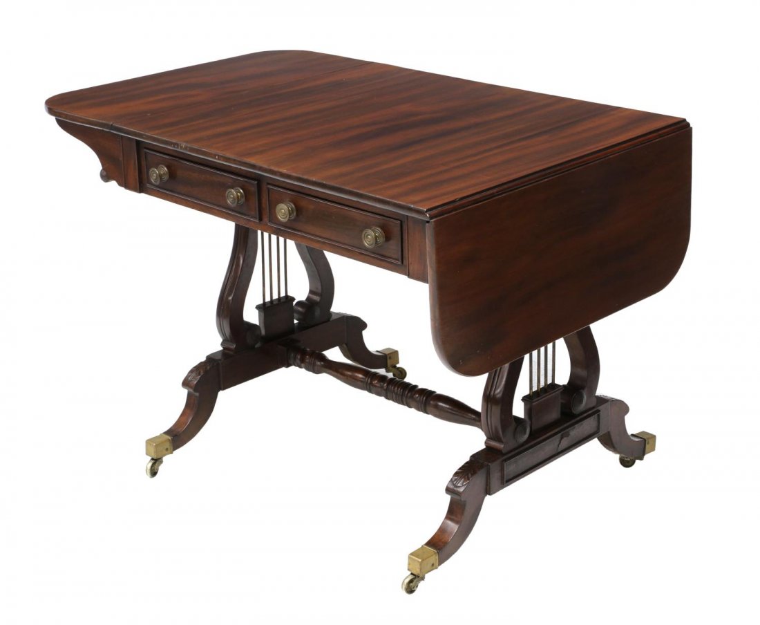REGENCY MAHOGANY LYRE SUPPORTED DROP LEAF TABLE (1 of 3)