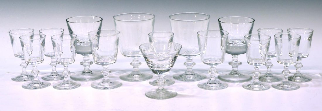 (16) STEUBEN & VAL SAINT LAMBERT CRYSTAL STEMWARE: (lot of 17) Crystal stemware including: (13) Steuben pattern 7725 with etched "S" on bottom, (nine) claret wine glasses, (two) wine glasses, and (two) water goblets, two small chips to foot of wine gl