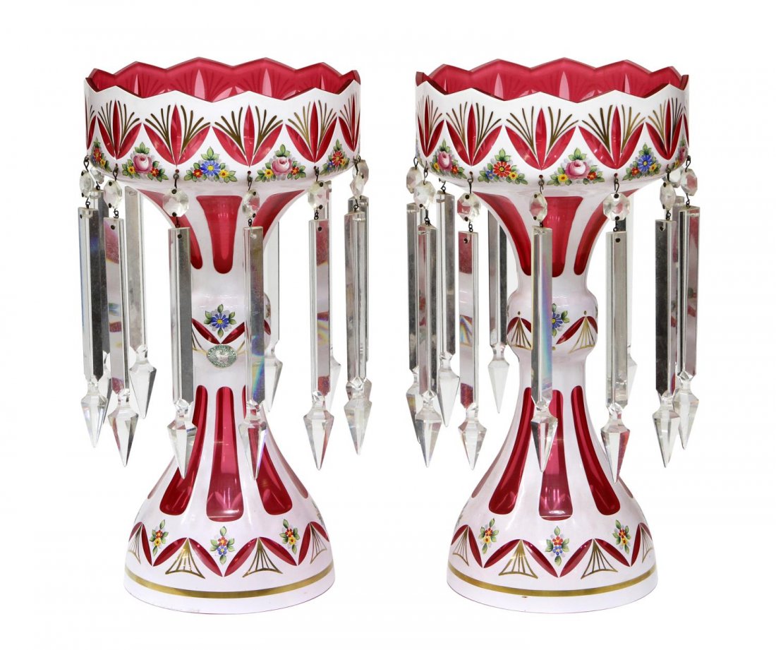 (2) LARGE BOHEMIAN OVERLAY GLASS MANTLE LUSTRES: (pair) Monumental Bohemian white cut to cranberry glass mantle lusters, hand painted floral decoration with gilt accents, each hung with 12 long prisms, scalloped rims, retaining makers tag from Czech