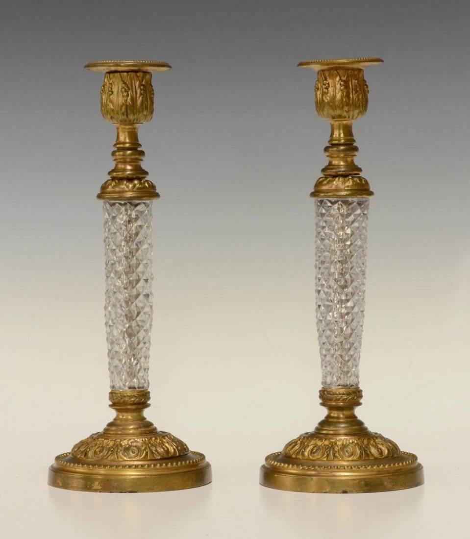 (2) NEOCLASSICAL STYLE GILT & CRYSTAL CANDLESTICKS (1 of 2)