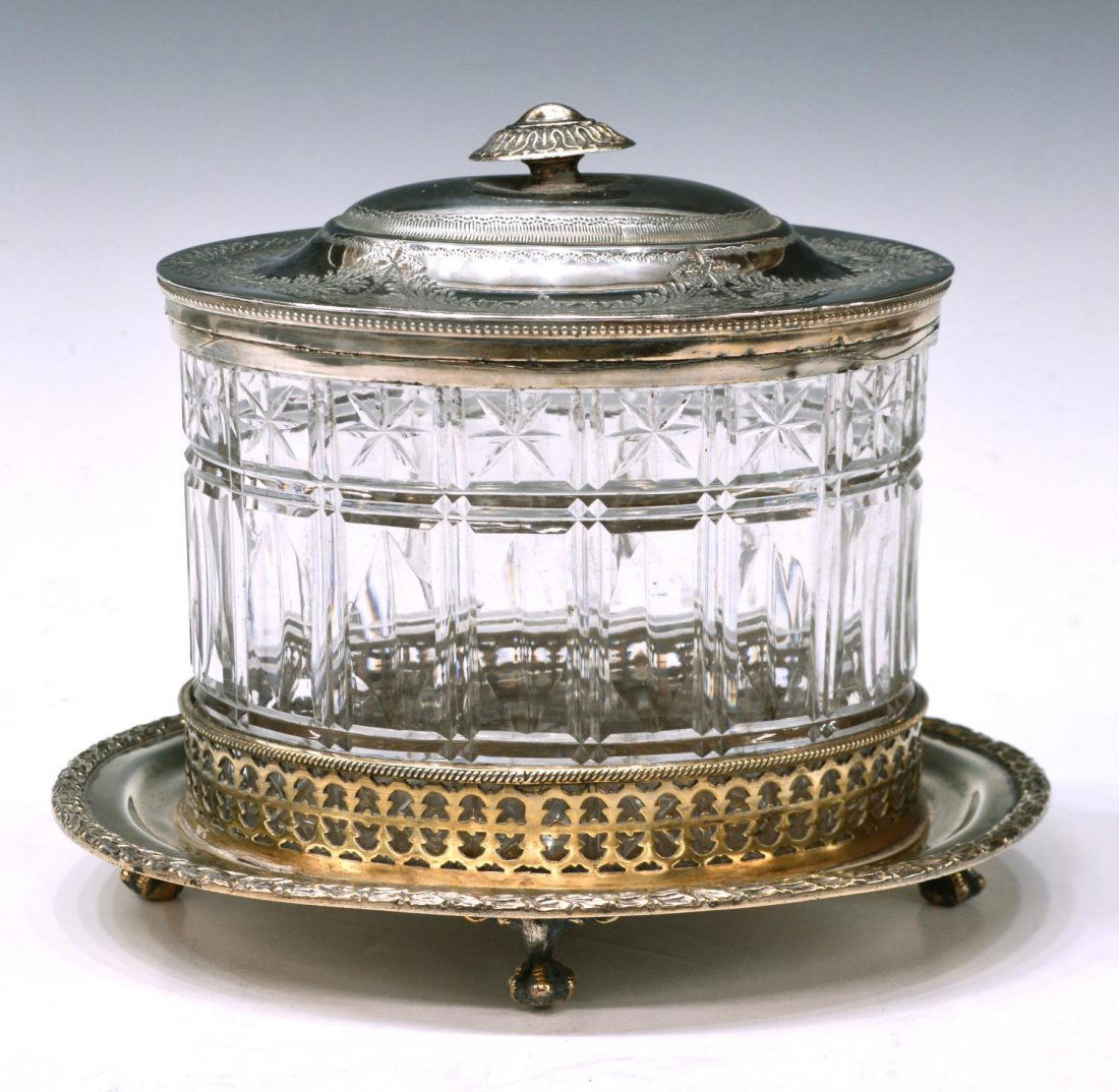ENGLISH CUT GLASS & SILVERPLATE BISCUIT JAR (1 of 4)