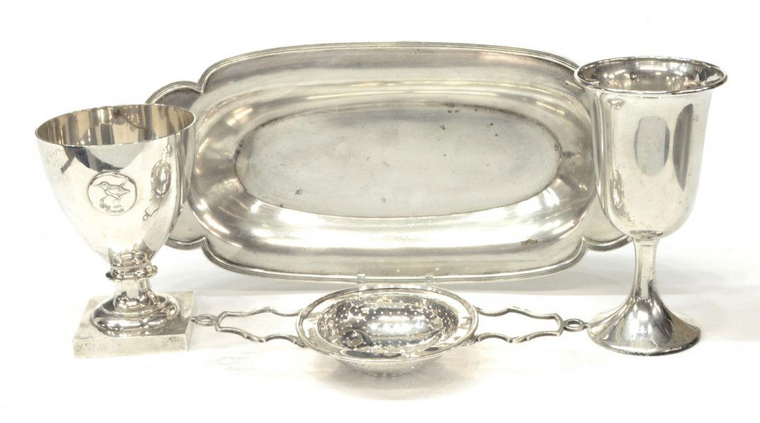 (4) STERLING SILVER GOBLETS, TEA STRAINER, TRAY (1 of 9)