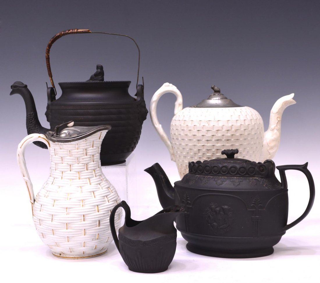 (5) COLLECTION OF BASKET WEAVE & BASALT TEAPOTS (1 of 6)