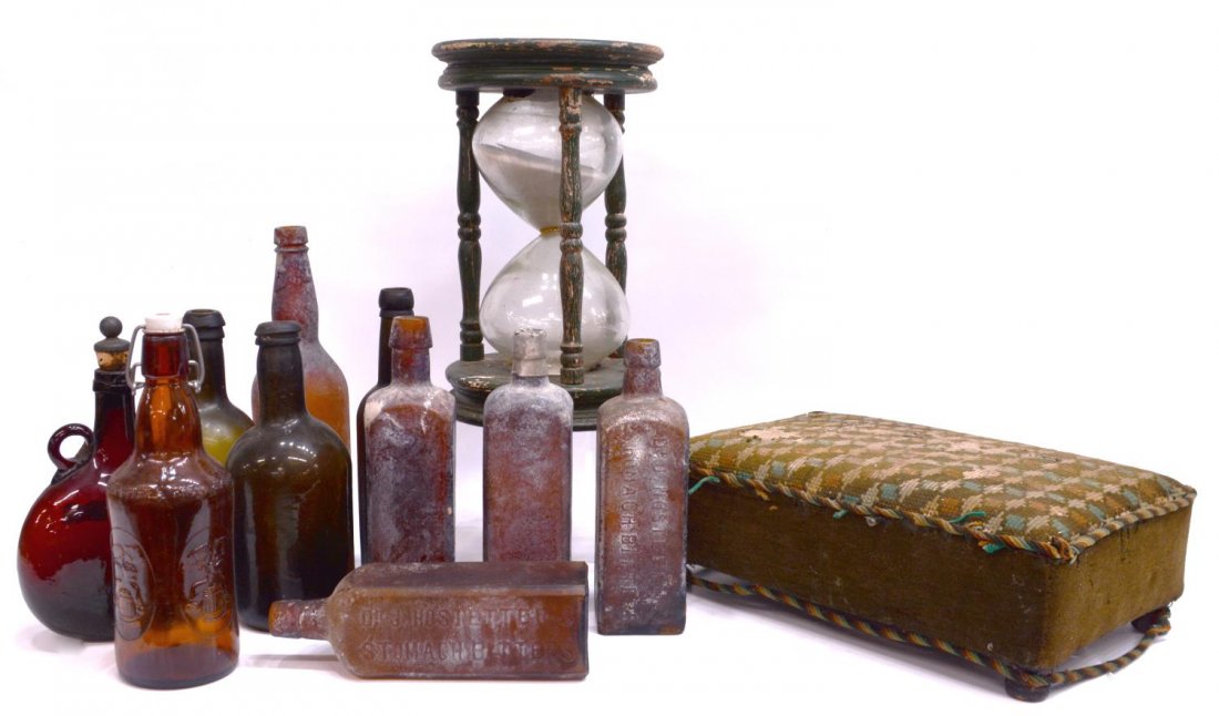 DECORATIVE LOT STOOL, ANTIQUE BOTTLES, HOURGLASS (1 of 1)