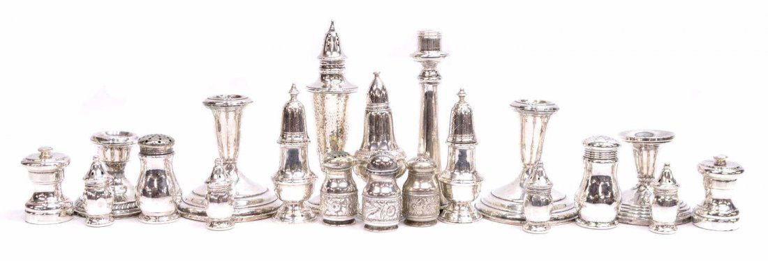 (20) STERLING & SILVER PLATE SHAKERS, CANDLESTICKS (1 of 10)
