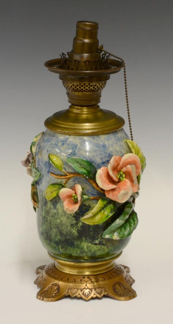 TIN GLAZE APPLIED FLOWER POTTERY VASE LAMP (1 of 2)