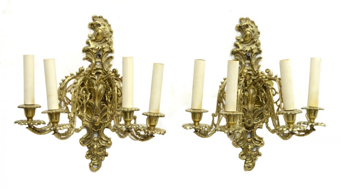 (2) ROCOCO STYLE BRASS FOUR-LIGHT WALL SCONCES (1 of 3)