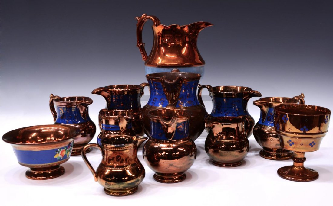 (12) ANTIQUE COPPER LUSTER & ENAMEL PITCHERS (1 of 4)