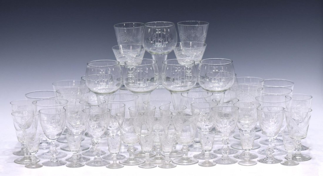 (62) HUGE GROUP ASSORTED ETCHED & CUT STEMWARE: (lot of 62) Collection of various styles of stemware, 20th c., including: (6) possibly Steuben water goblets, pattern 7644, etched "S" on bottom, 5.5"h; (36) cut star and leaf pattern glassware with (
