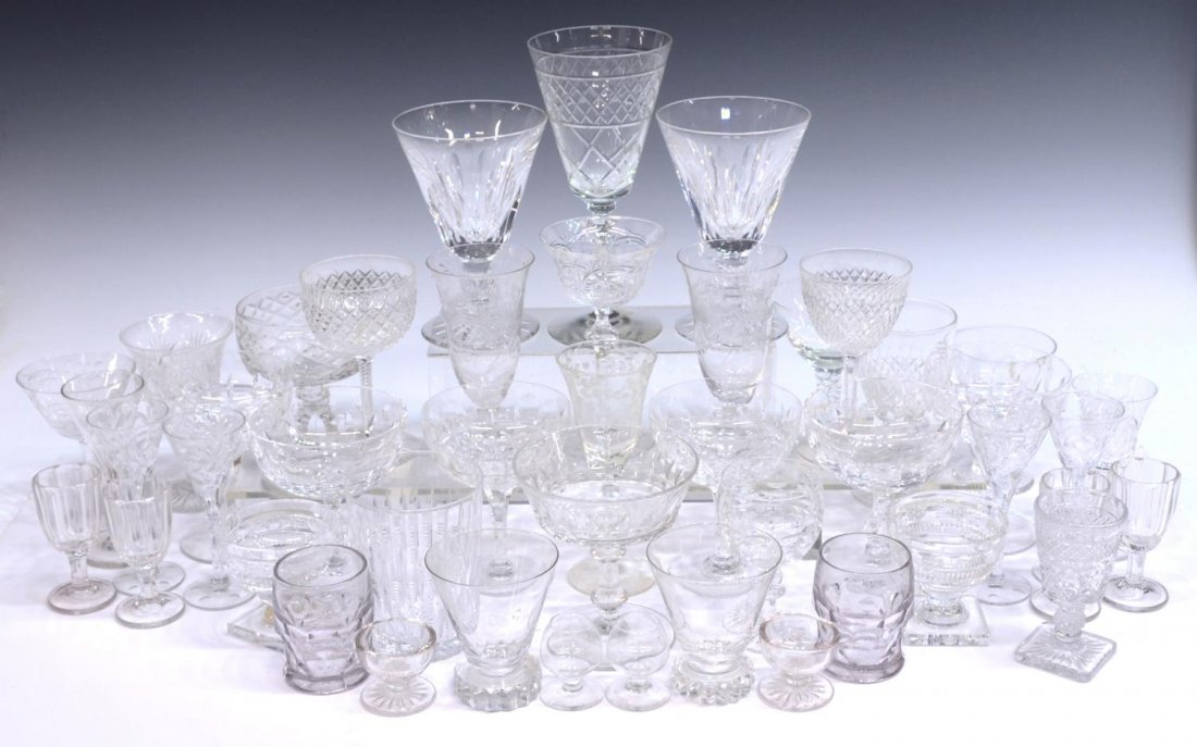 (30) HUGE COLLECTION ASSORTED ETCHED CUT STEMWARE: (lot of 30) Collection of various types and patterns of stemware, 20th c., including: (15) assorted patterns of cordial and sherry glasses; (11) assorted patterns of cocktail glasses; (3) assorted wat