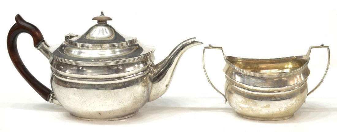 CHARLES S. HARRIS LONDON STERLING KETTLE & SUGAR: (set of 2) English sterling silver teapot and handled open sugar, Charles Stuart Harris, London, 1904 date letter, the kettle having wood finial and handle, largest: 6"h, 23.34ozt (inclusive of handle