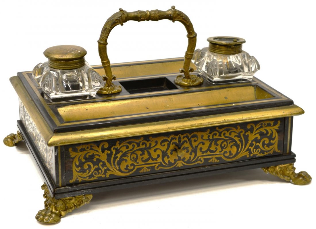 CONTINENTAL BOULLE STYLE METAL INLAID INKSTAND (1 of 3)