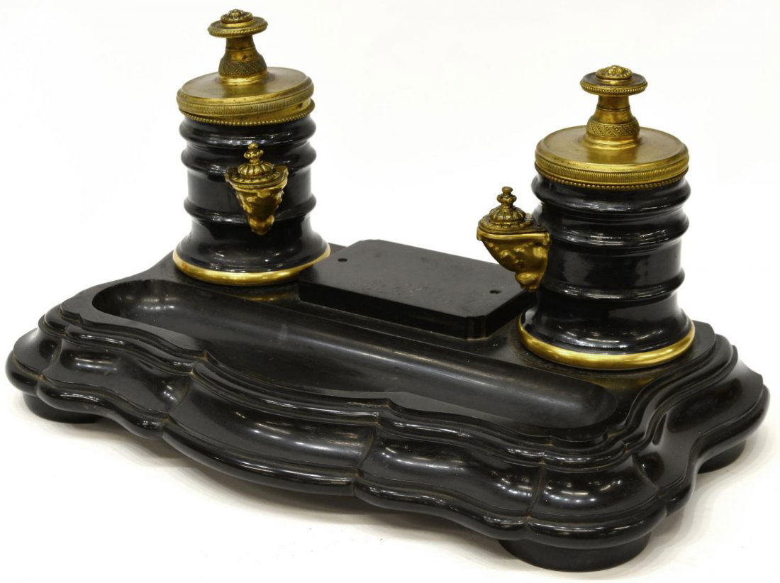 LARGE CONTINENTAL GILT METAL & STONE INKSTAND (1 of 4)