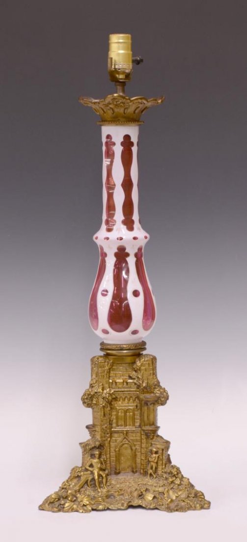 CRANBERRY PARLOR GLASS LAMP ON GILT METAL BASE (1 of 3)